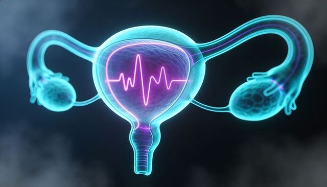Neon uterus with pulsing ecg waveform, futuristic gynecology and fertility concept