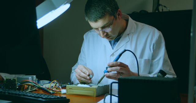Robotic engineer assembling circuit board at desk. Engineer soldering circuit board 4k