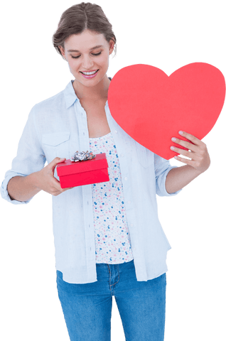 Smiling Woman Holding Heart Card and Gift on Transparent Background