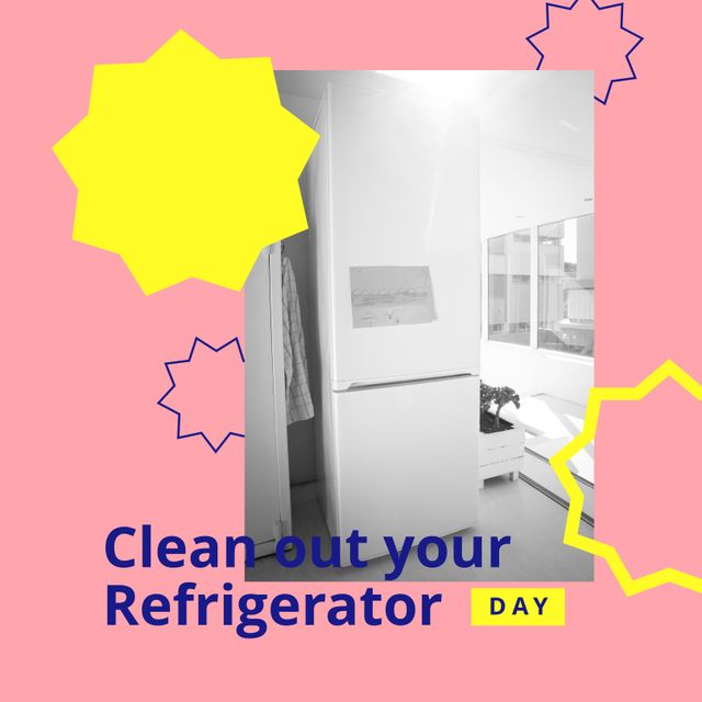 Image of clean out you refrigerator day over pink background with stars and fridge - Download Free Stock Videos Pikwizard.com