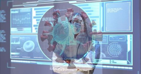 Scientist in hazmat suit analyzing virus on transparent digital interface