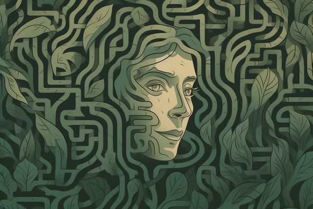 Surreal illustration depicting an abstract female face intertwined with a labyrinth filled with greenery and leaves. Chin, lips, and eyes blend seamlessly with the maze-like paths. Ideal for use in creative projects, dream-like themes, and modern art collections, or as a unique visual for puzzles, psychological concepts, or environmental harmony promotions.