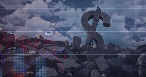 Broken dollar symbol with financial data and clouds
