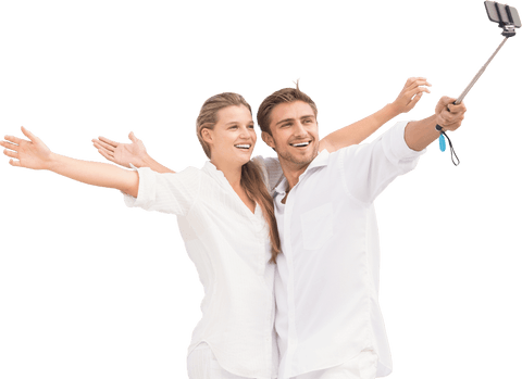 Transparent Happy Couple Taking Selfie with Smartphone