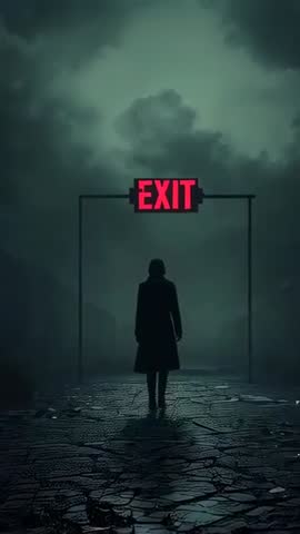 Lone figure walking toward glowing EXIT sign over cracked pavement in foggy desolate night