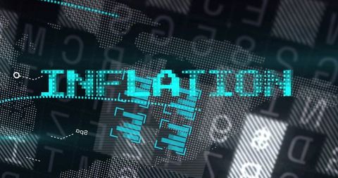 Inflation headline dominating digital dashboard with pixelated teal glow and world map