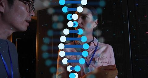 Research team studying dna helix visualization on transparent display with server racks
