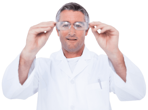Mature optician holding transparent glasses in hand