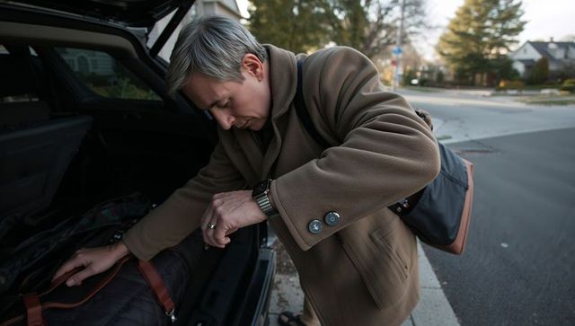 Middle-aged man loading duffel into suv trunk at suburban curb wearing wool coat