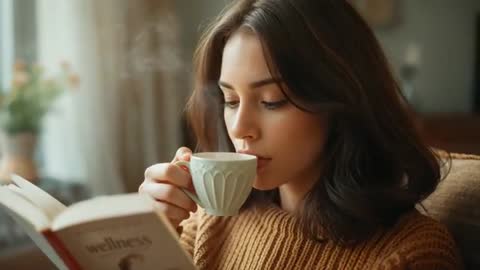 Woman Enjoys Reading and Tea for Relaxation