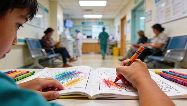 Child coloring with crayons in busy clinic waiting room for pediatric comfort and distraction