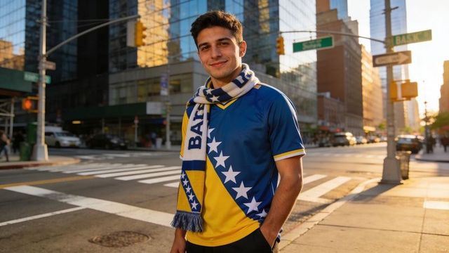 Young supporter in blue yellow soccer jersey and scarf on sunlit city crosswalk, golden hour portrai