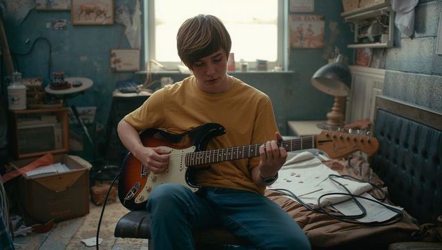 Teenage boy strumming electric guitar in artistic bedroom