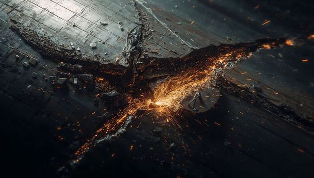 Molten fissure tearing industrial hull plating, propelling sparks, glowing embers, shards