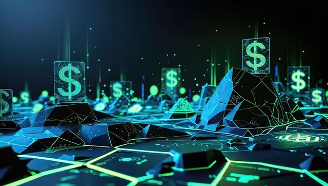Futuristic holographic dollar signs on neon polygonal grid