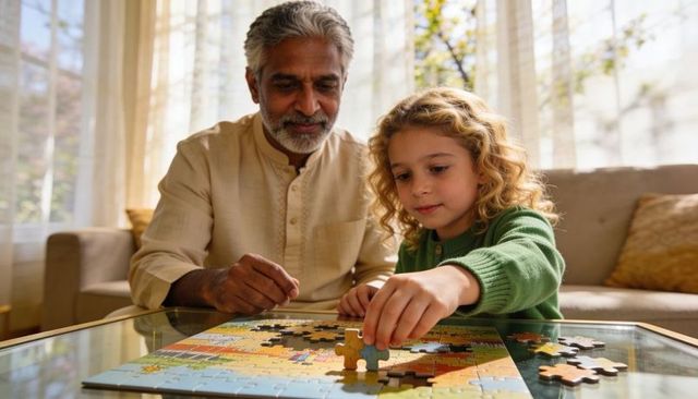 Grandparent guiding grandchild placing jigsaw puzzle pieces on glass coffee table