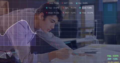 Businessman Analyzing Financial Data with Virtual Graph