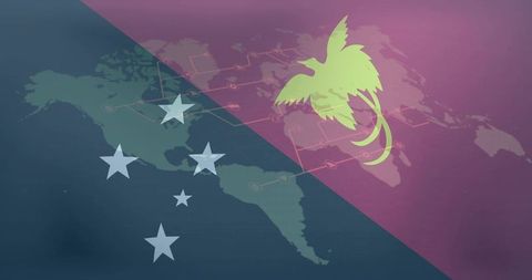 Diagonal teal and purple world map showing americas, network nodes, stars, lime palm emblem