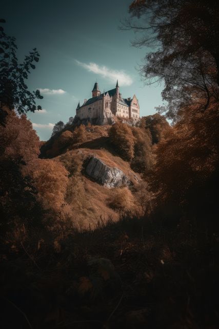 Landscape with castle in mountains, created using generative ai technology. Scenic, nature and fairytale concept digitally generated image.