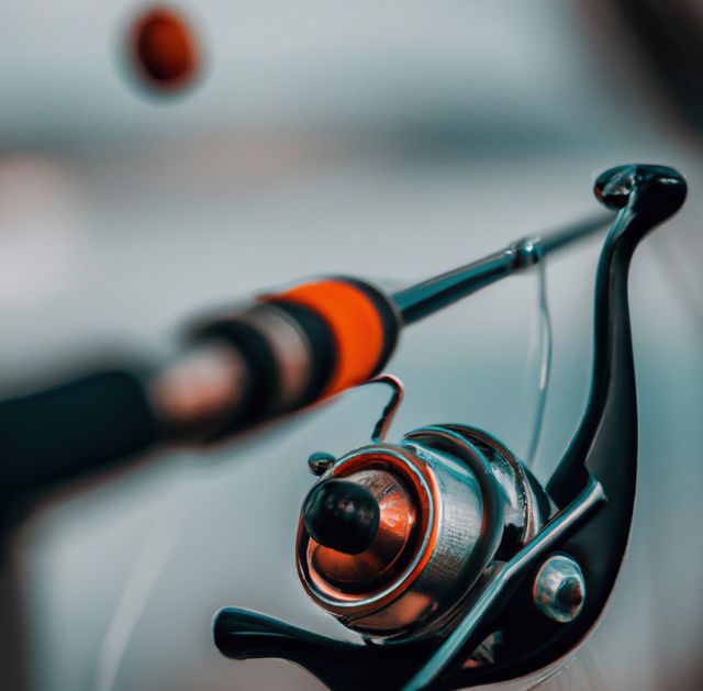 Image of close up of hand holding fishing rod with depth of field. Fishing, hobby and leisure concept.