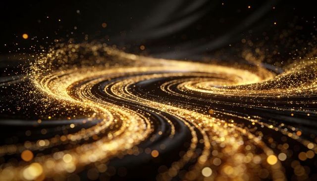 Golden particle swirls on dark background, abstract glowing glitter ribbons and curves