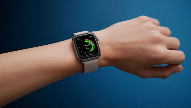 Smartwatch worn on wrist displaying activity rings