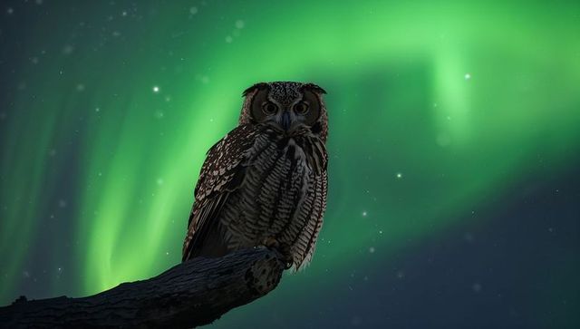 Nocturnal owl perching on weathered branch under vibrant aurora borealis