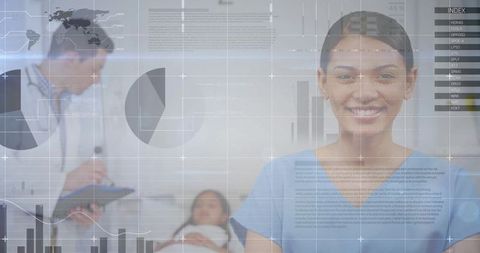 Smiling nurse with data overlays at modern clinic