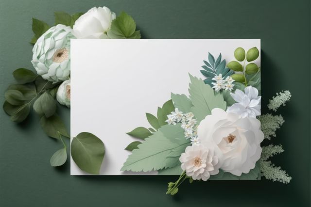 Elegant floral paper art design displaying a combination of white flowers and green leaves on a dark green background. Ideal for use in wedding invitations, greeting cards, or any celebratory stationery. Suitable for decorative projects, handmade crafts, and seasonal promotions.