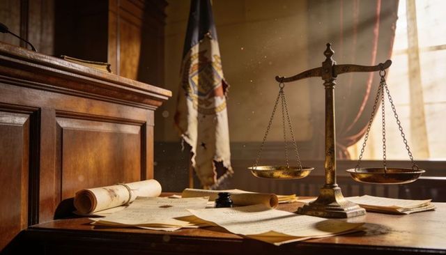 Sunlit brass scales on judge desk with scattered legal papers in historic courtroom