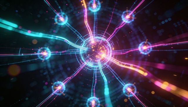 Radiating neon core emitting glowing data filaments to connected orbital nodes for ai