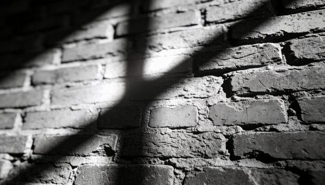 Weathered Brick Wall Closeup Revealing Mortar Texture and Dramatic Window Shadow