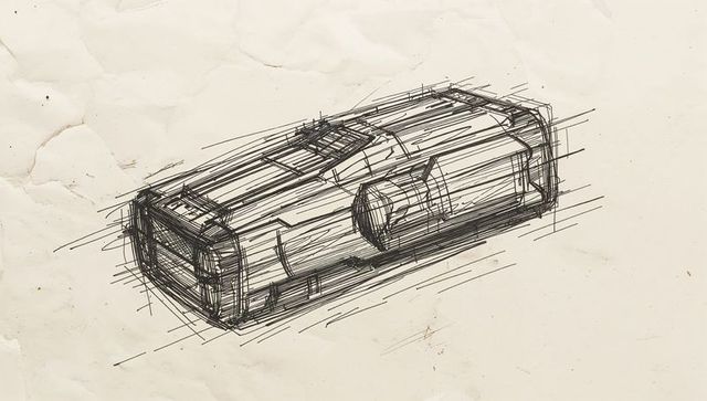 Hand-drawn ink sketch futuristic capsule device on creased cream paper