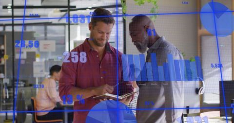 Business Professionals Analyzing Data with Digital Projection Overlay