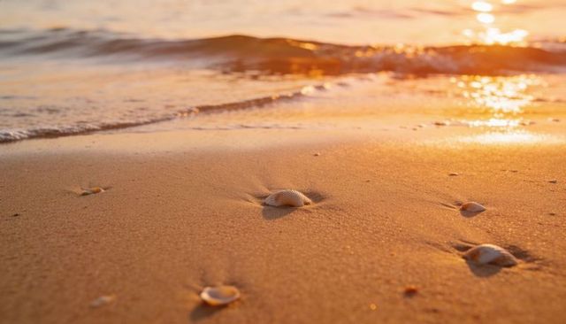 Scallop shell resting on golden sand at sunset with gentle waves and warm sun reflection