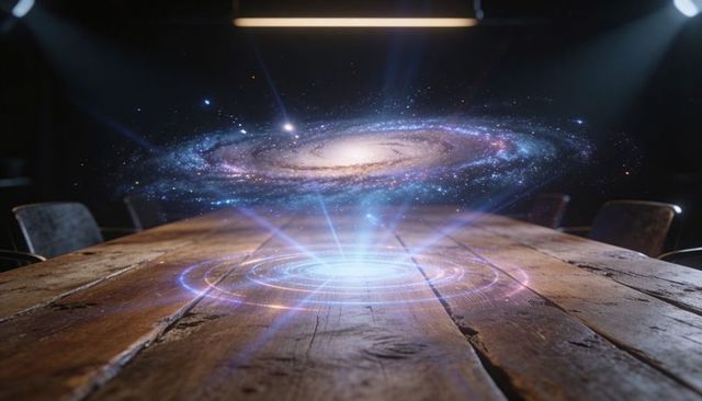 Holographic Spiral Galaxy Hovering Above Wooden Meeting Table for Futuristic Presentations