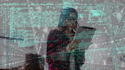 Businesswoman Analyzing Data on Tablet with Digital Interface