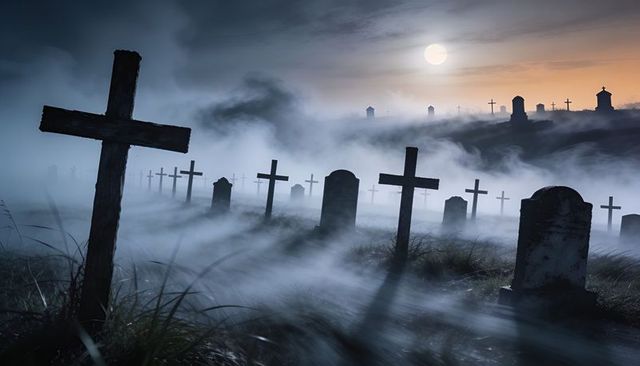 Moonlit fog-shrouded cemetery with weathered wooden crosses, old tombstones, mist