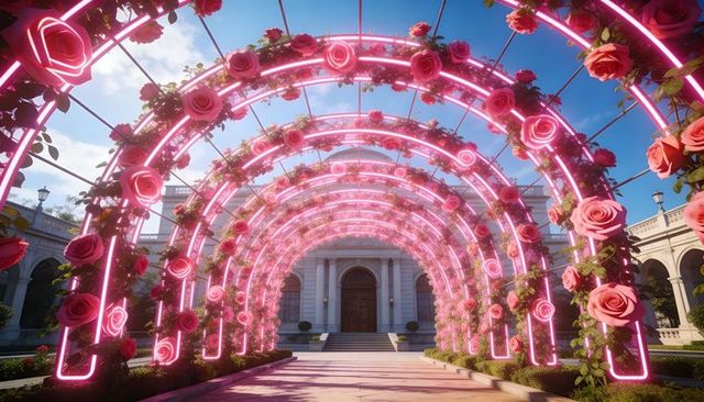 Glowing neon pink rose arches leading toward neoclassical facade in sunlit courtyard