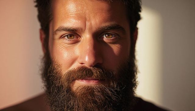 Warm closeup portrait of bearded man with intense gaze and textured skin in golden light