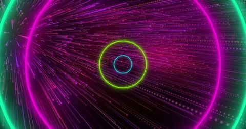 Futuristic neon light streaks and concentric rings in cyber space