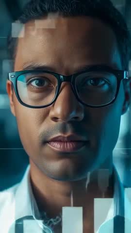 Data Analyst Tracking Holographic Metrics Through Smart Glasses, Monitoring Visualization