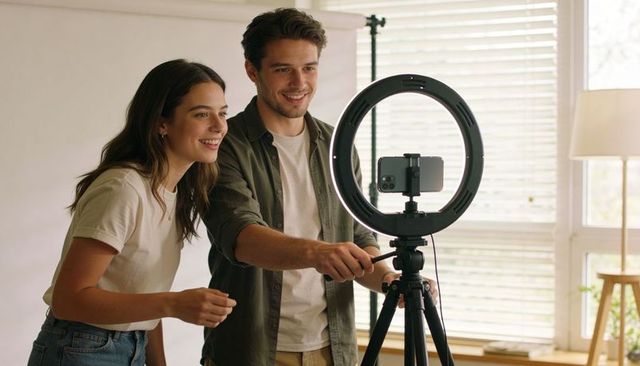 Young couple creating social media videos with ring light and smartphone on tripod