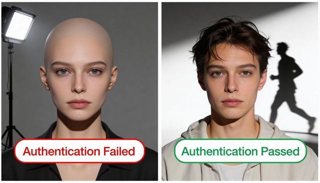 Face authentication diptych showing failed red alert and passed green verified portraits