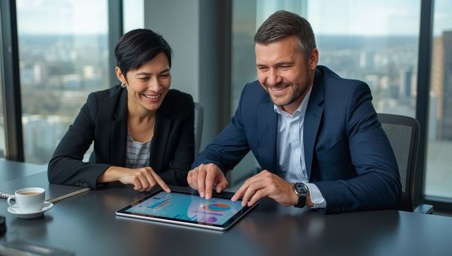 Business colleagues reviewing data on tablet in modern office