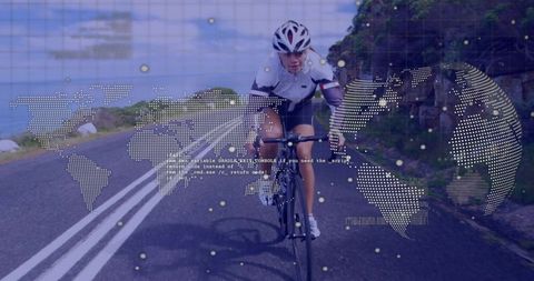 Woman Cycling on Scenic Mountain Road with Digital Overlay Elements