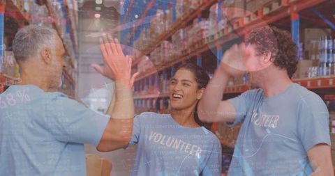 Diverse Warehouse Team Celebrating Achievements with Data Overlay