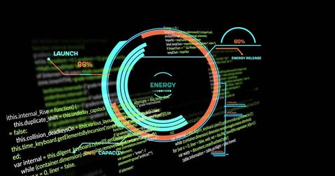 Illustration featuring a futuristic display showing digital data related to energy analysis, surrounded by code snippets. Ideal for technology-themed projects, presentations on energy efficiency innovations, and articles focusing on advancements in data processing and visualization.