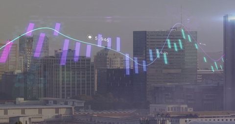 City skyline with candlestick bars, cyan trend line and labels for finance insights