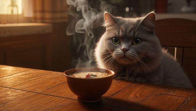 Curious Fluffy Cat Gazing at Steaming Bowl on Rustic Table